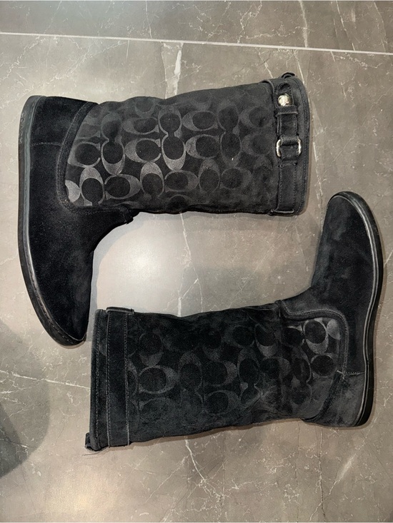 Coach Shoes - Coach Black Suede Logo Boots with Buckle Accent